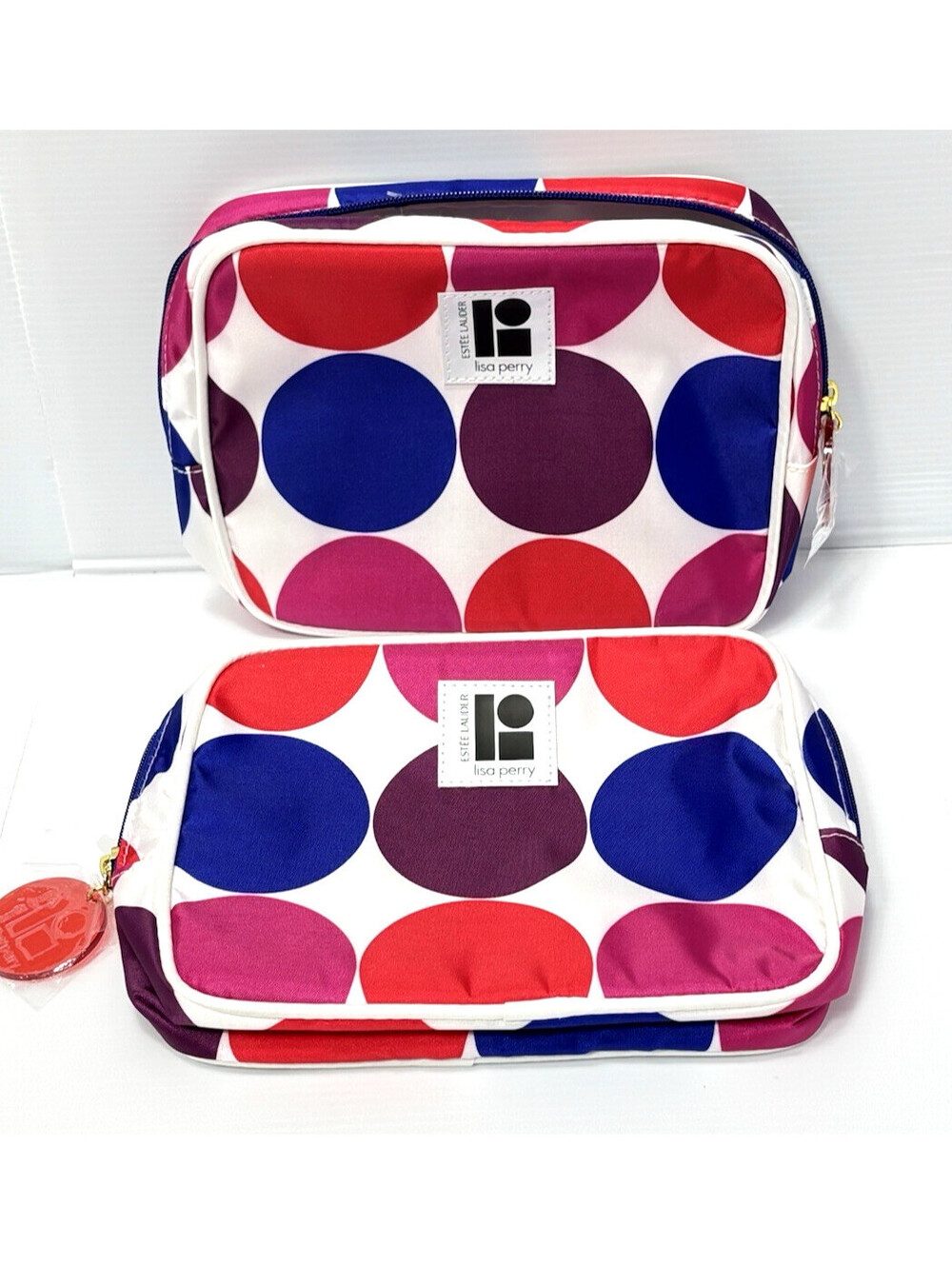 Lisa Perry for Estee Lauder Cosmetic Bag Set 2pc Red Blue Purple Polka Dot Bags